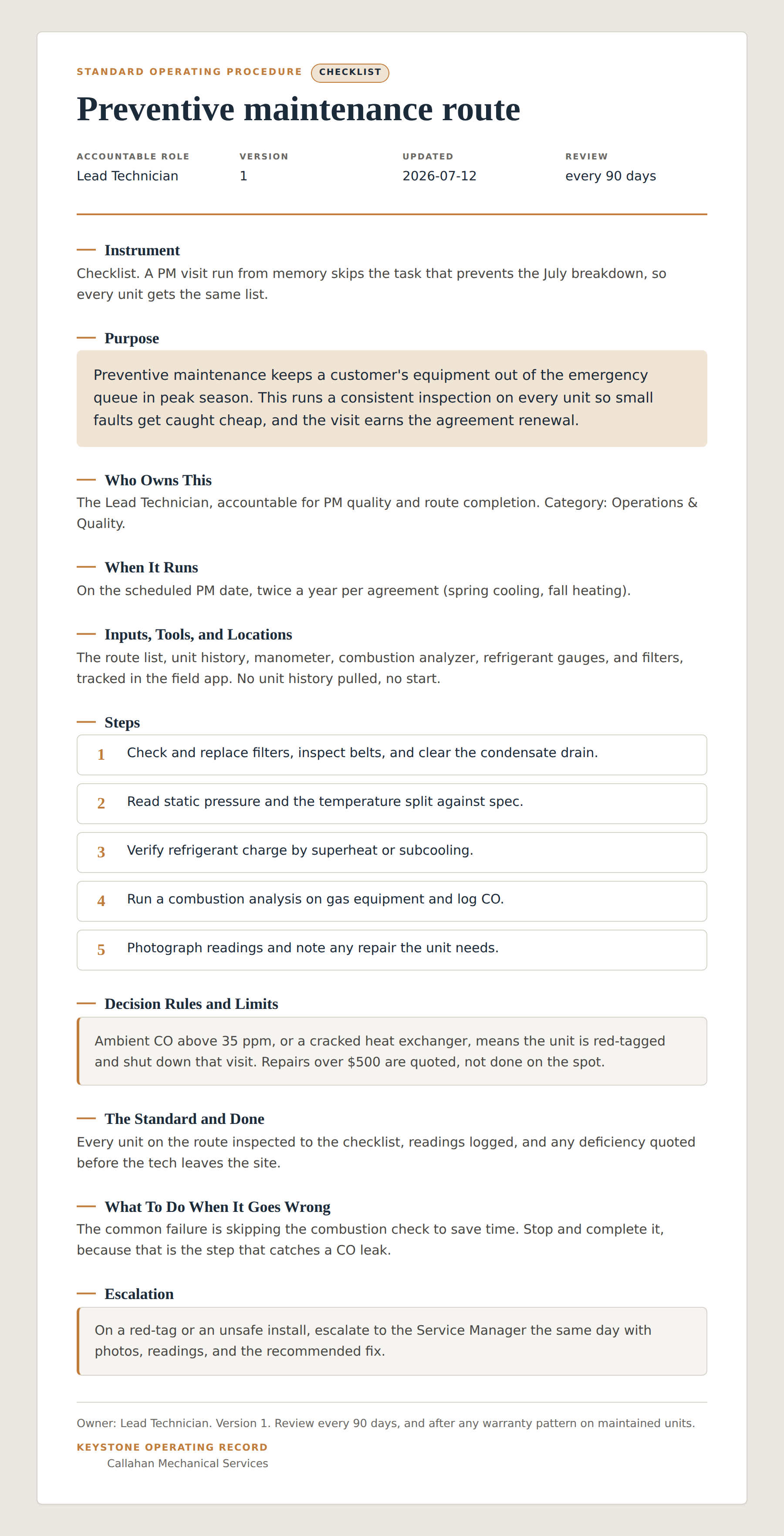 A Keystone SOP: a documented procedure a new hire can run from the record.